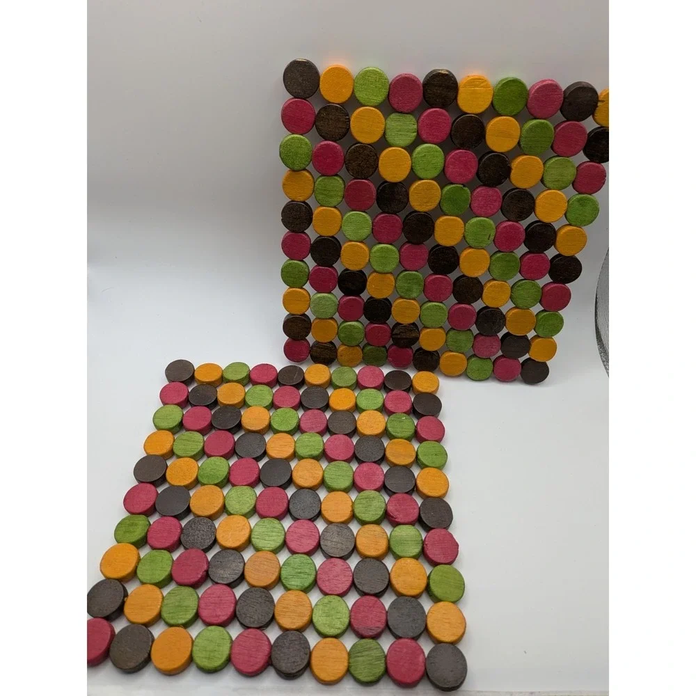Wooden Bamboo Beaded Trivets Colorful Grannycore‎ Pot Holders 7 In X 7 In Boho